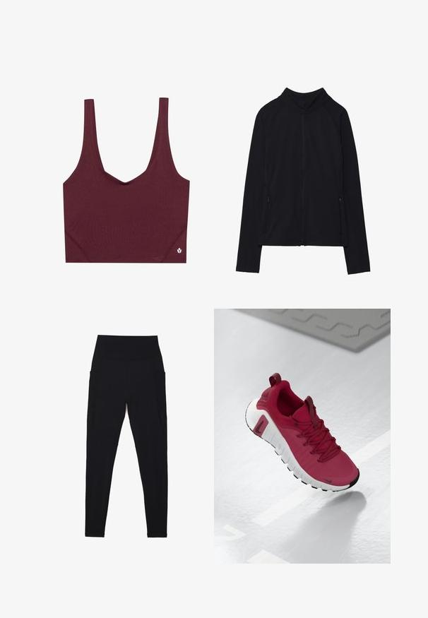 Svart zip-up jakke med høy krage, laget av mykt materiale. Har raglanerm sleeves og to glidelåslommer på siden. Jevn tekstur.; Burgunderfarget sports-bh med v-halsdesign, laget av glatt stoff. Har brede stropper og en liten logo-akcent på nederste høyre hjørne.; Svart leggings laget av elastisk stoff med høy, ripset liv. Har sidelommer og sømløst design for komfort.; Rød sportsko med en teksturert overdel, snørelukking og en tykk hvit såle. Har en kontrasterende svart tåhette og en logo på siden.