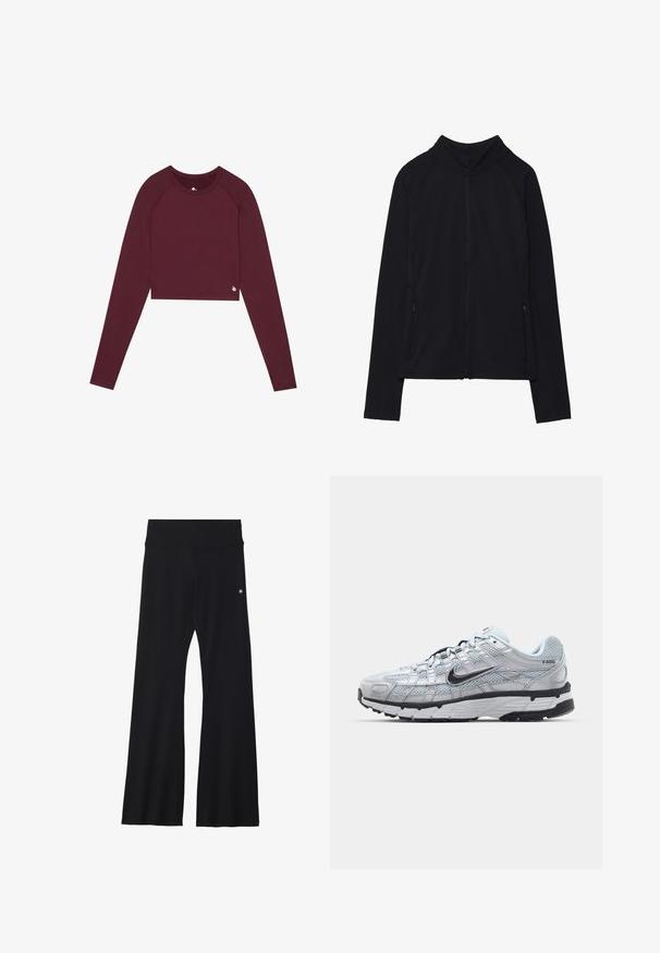 Schwarze Zip-Jacke mit hohem Kragen, aus weichem Stoff gefertigt. Verfügt über Raglanärmel und zwei seitliche Reißverschlusstaschen. Glatte Textur.; Burgunderfarbener Langarm-Cropped-Top mit Rundhalsausschnitt, enganliegendem Design und minimalem Branding-Detail am Saum. Glatte Textur und dehnbare Stoffqualität.; Schwarze, ausgestellte Yogahosen aus elastischem Material, mit einem breiten Bund und einem kleinen Logo nahe der Hüfte. Glatte Textur, keine Muster.; Nike P-6000 Sneakers mit einem Obermaterial aus leichtem grauem Mesh, schwarzen Akzenten und einer langlebigen schwarzen Gummisohle. Verfügt über ein komplexes Design und ein Schnürsystem.