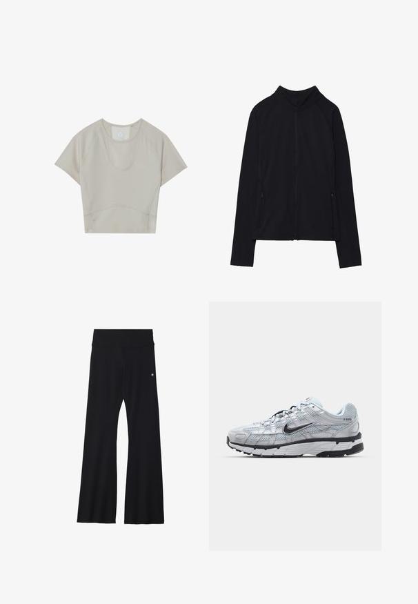 Mustmust kollane jope, millel on kõrge kaelus, valmistatud pehmest kangast. Omab raglanvarukke ja kahte lukuga küljetaskut. Sile tekstuur.; Beez värvi sportlik lühike topp lühikeste varrukatega, ümmarguse kaelusega ja õmbluste detailidega. Valmistatud kergest ja elastsest kangast mugavuse tagamiseks.; Mustad mustad jooga püksid venivast kangast, lai vöökoht ja väike logo puusade lähedal. Sile tekstuur, mustrid puuduvad.; Nike P-6000 tenniset heleda halli võrgust pealteega, mustade aktsentidega ja vastupidava musta kummist tallaga. Omab keerukat disaini ja paeltesüsteemi.