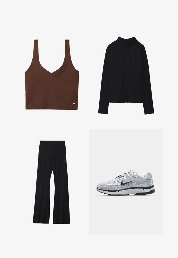 Czarna kurtka zapinana na zamek z wysokim kołnierzem, wykonana z miękkiego materiału. Posiada rękawy raglanowe oraz dwie kieszenie boczne zapinane na zamek. Gładka tekstura.; Brązowy stanik sportowy z dekoltem w kształcie litery V, wykonany z gładkiego, elastycznego materiału. Posiada szerokie ramiączka oraz mały akcent logo na dolnej krawędzi.; Czarne, rozszerzane spodnie do jogi z elastycznego materiału, z szerokim pasem i małym logo w pobliżu biodra. Gładka tekstura, bez wzorów.; Nike P-6000 sneakers z jasnoszarym siateczkowym wierzchem, czarnymi akcentami i trwałą czarną gumową podeszwą. Charakteryzują się skomplikowanym wzornictwem i systemem sznurowania.