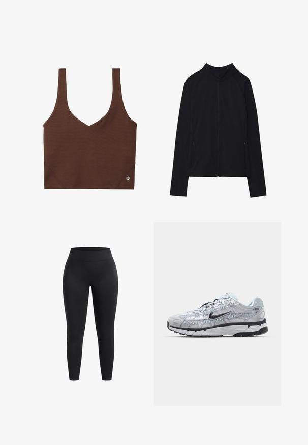 Giacca nera con zip e colletto alto, realizzata in tessuto morbido. Presenta maniche raglan e due tasche laterali con zip. Texture liscia.; Top sportivo marrone con scollatura a V, realizzato in tessuto morbido e elastico. Presenta spalline larghe e un piccolo logo accentato sull'orlo.; Leggings neri a vita alta realizzati in tessuto elasticizzato, con una superficie liscia e vestibilità alla caviglia. Senza motivi o dettagli hardware visibili.; Sneakers Nike P-6000 con una toma superiore in mesh grigio chiaro, accenti neri e una resistente suola in gomma nera. Dotati di un design intricato e di un sistema di allacciatura.