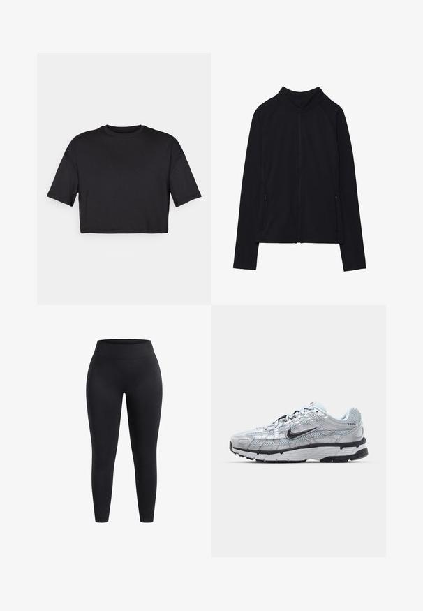 Černá bundě na zip s vysokým límcem, vyrobená z měkké látky. Má raglánové rukávy a dvě boční kapsy na zip. Hladká textura.; Černé zkrácené tričko vyrobené z měkké látky, s kulatým výstřihem a krátkými širokými rukávy, s jednoduchým bezšvovým designem.; Černé legíny s vysokým pasem vyrobené z elastického materiálu, s hladkým povrchem a délkou po kotníky. Bez vzorů a viditelných kovových detailů.; Tenisky Nike P-6000 s lehkou šedou síťovinou, černými akcenty a odolnou černou gumovou podrážkou. Vyznačují se složitým designem a systémem šněrování.