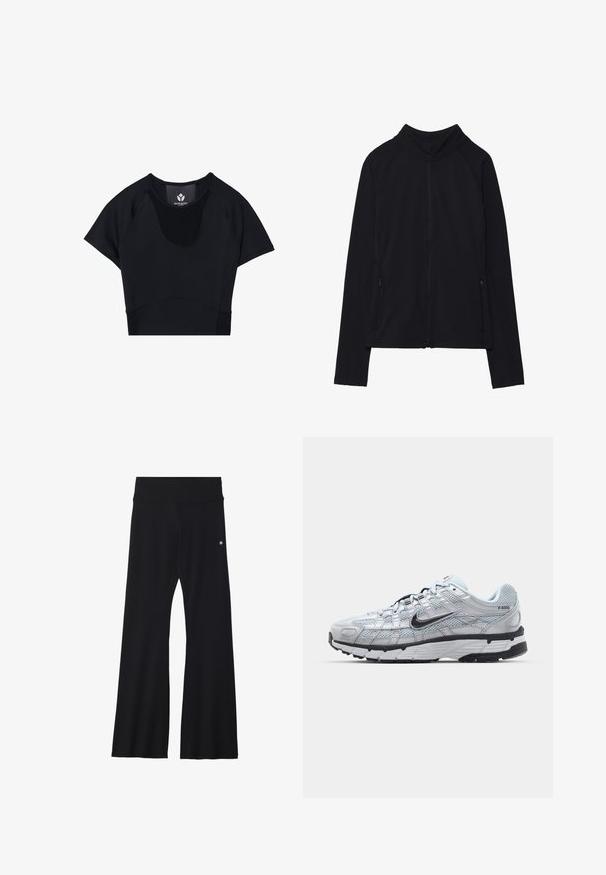 Černá bundě na zip s vysokým límcem, vyrobená z měkké látky. Má raglánové rukávy a dvě boční kapsy na zip. Hladká textura.; Černý sportovní crop top s krátkými rukávy, kulatým výstřihem, texturovanými detaily a přiléhavým designem pro elegantní vzhled.; Černé rozšířené jógové kalhoty z pružné látky, s širokým pasem a malým logem blízko boků. Hladký povrch, bez vzorů.; Tenisky Nike P-6000 s lehkou šedou síťovinou, černými akcenty a odolnou černou gumovou podrážkou. Vyznačují se složitým designem a systémem šněrování.