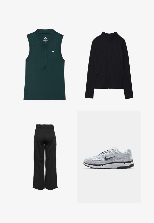 Svart zip-up jakke med høy krage, laget av mykt materiale. Har raglanerm sleeves og to glidelåslommer på siden. Jevn tekstur.; Grønn utenermet aktiv topp med høy krage og frontglidelås; glatt tekstur med en liten logo på brystet. Egnet for sport.; Svarte, vide bukser med elastisk midje, laget av glatt stoff. Har et rent design uten lommer eller synlige sømmer.; Nike P-6000 sneakers med en lys grå mesh-overdel, sorte detaljer og en slitesterk svart gummisåle. Har et intrikat design og snøresystem.