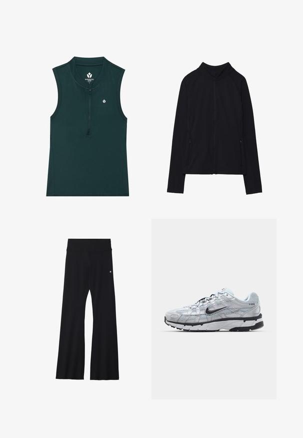 Černá bundě na zip s vysokým límcem, vyrobená z měkké látky. Má raglánové rukávy a dvě boční kapsy na zip. Hladká textura.; Zelený bezrukávový sportovní top s vysokým límcem a předním zipem; hladká textura s malým logem na hrudi. Vhodný pro sport.; Černé rozšířené jógové kalhoty z pružné látky, s širokým pasem a malým logem blízko boků. Hladký povrch, bez vzorů.; Tenisky Nike P-6000 s lehkou šedou síťovinou, černými akcenty a odolnou černou gumovou podrážkou. Vyznačují se složitým designem a systémem šněrování.