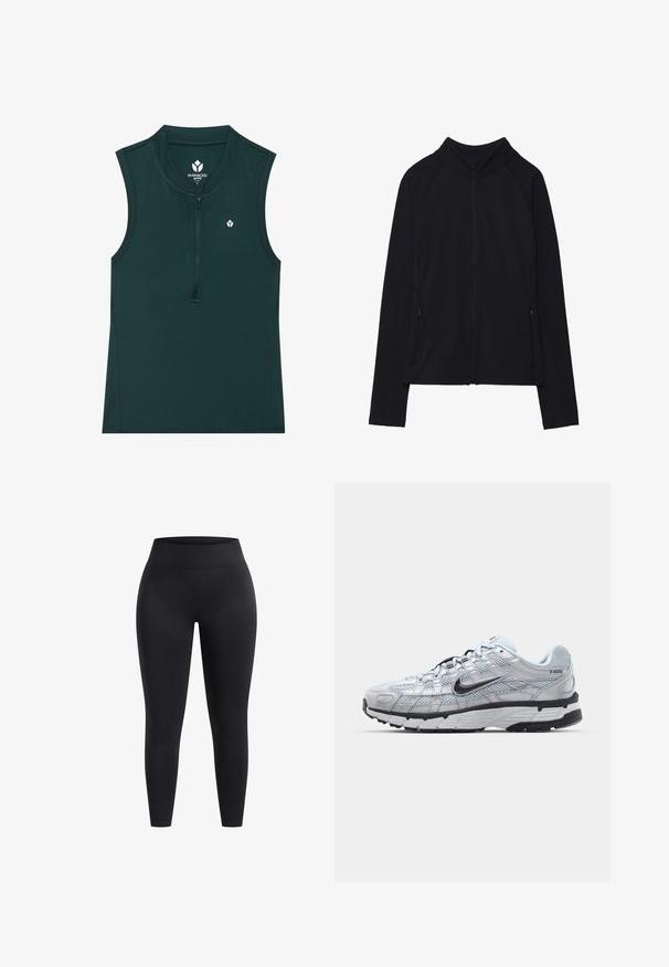 Giacca nera con zip e colletto alto, realizzata in tessuto morbido. Presenta maniche raglan e due tasche laterali con zip. Texture liscia.; Top attivo verde senza maniche con colletto alto e cerniera frontale; texture liscia con un piccolo logo sul petto. Adatto per lo sport.; Leggings neri a vita alta realizzati in tessuto elasticizzato, con una superficie liscia e vestibilità alla caviglia. Senza motivi o dettagli hardware visibili.; Sneakers Nike P-6000 con una toma superiore in mesh grigio chiaro, accenti neri e una resistente suola in gomma nera. Dotati di un design intricato e di un sistema di allacciatura.