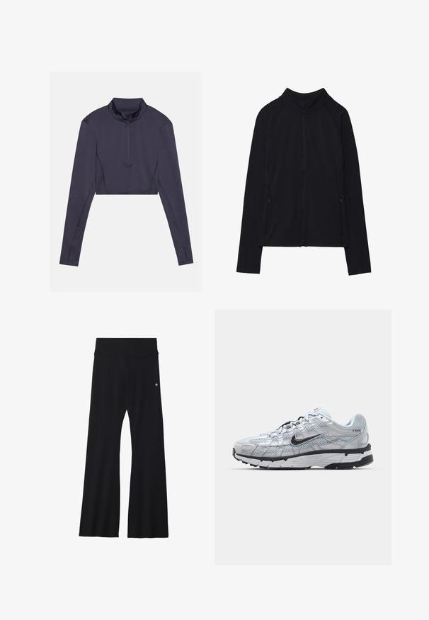 Casaco preto com fecho, com gola alta, feito de um tecido suave. Possui mangas raglan e dois bolsos laterais com fecho zip. Textura lisa.; Top cropped de mangas longas em tecido azul-marinho escuro. Apresenta um colarinho alto e um fecho de meia zip à frente. Textura suave com costuras mínimas.; Calças de yoga pretas em tecido elástico, apresentando uma cintura larga e um pequeno logótipo perto do quadril. Textura suave, sem padrões.; Ténis Nike P-6000 com um cabedal em malha cinza claro, detalhes em preto e uma sola de borracha preta durável. Apresenta um design intrincado e um sistema de atacadores.