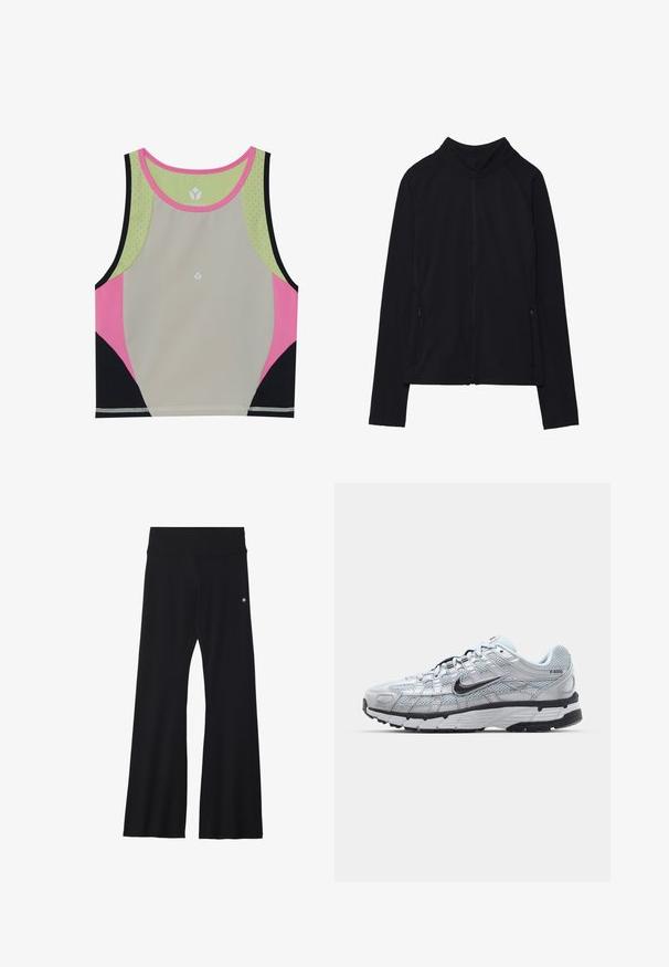 Black zip-up jacket with a high collar, made of soft fabric. Features raglan sleeves and two zippered side pockets. Smooth texture.; Colorful sports crop top featuring a light gray body, pink, black, and green accents, and a round neckline with perforated detailing.; Black flared yoga pants in stretchy fabric, featuring a wide waistband and a small logo near the hip. Smooth texture, no patterns.; Nike P-6000 sneakers with a light grey mesh upper, black accents, and a durable black rubber sole. Features intricate design and lacing system.