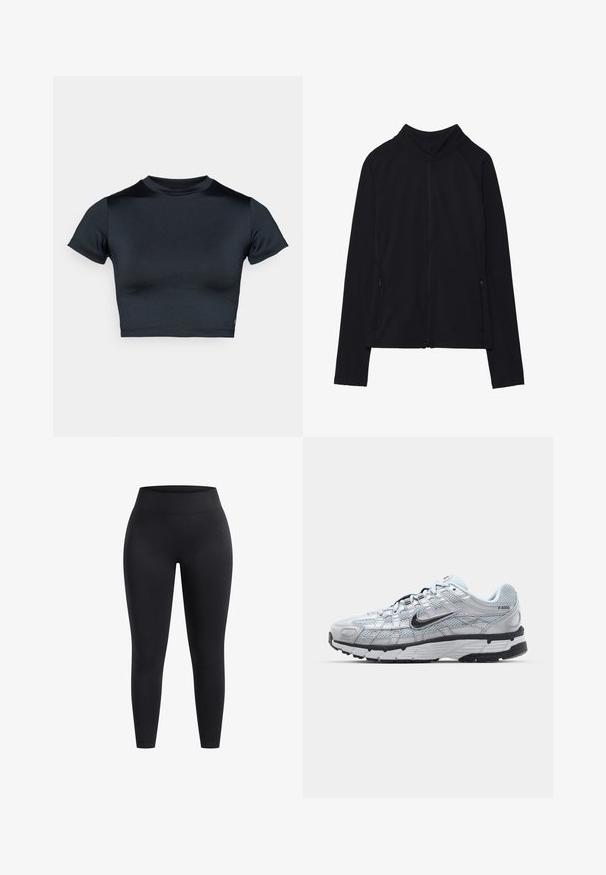Schwarze Zip-Jacke mit hohem Kragen, aus weichem Stoff gefertigt. Verfügt über Raglanärmel und zwei seitliche Reißverschlusstaschen. Glatte Textur.; Kurzärmeliges, bauchfreies Top in Dunkelblau, hergestellt aus glattem, elastischem Stoff. Verfügt über einen runden Ausschnitt und minimale Nahtdetails. Keine sichtbaren Logos.; Hochbundige schwarze Leggings aus dehnbarem Stoff mit glatter Oberfläche und knöchellanger Passform. Keine Muster oder sichtbaren Hardwaredetails.; Nike P-6000 Sneakers mit einem Obermaterial aus leichtem grauem Mesh, schwarzen Akzenten und einer langlebigen schwarzen Gummisohle. Verfügt über ein komplexes Design und ein Schnürsystem.