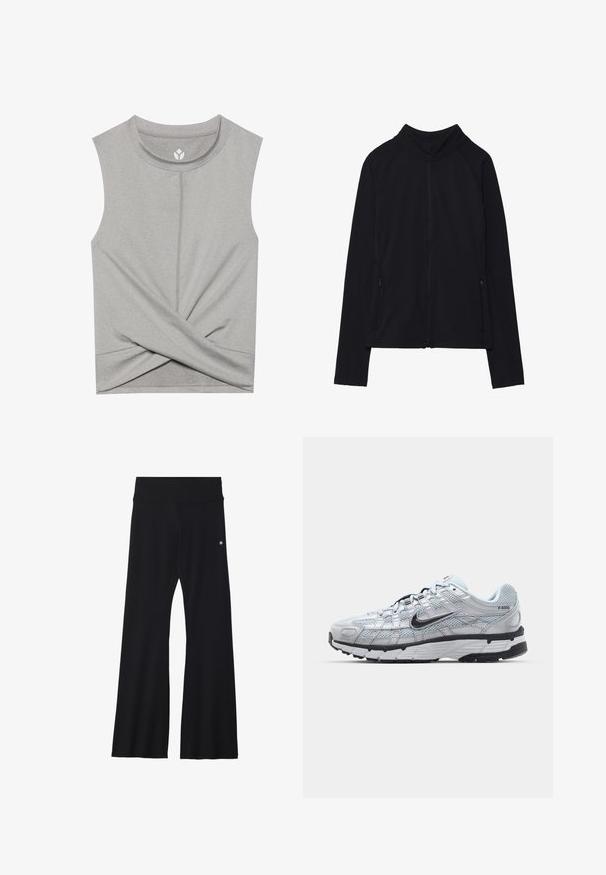 Czarna kurtka zapinana na zamek z wysokim kołnierzem, wykonana z miękkiego materiału. Posiada rękawy raglanowe oraz dwie kieszenie boczne zapinane na zamek. Gładka tekstura.; Szara bluzka bez rękawów z okrągłym dekoltem, z przodem w formie twistu i płaskimi szwami dla wygody. Miękka, elastyczna tkanina.; Czarne, rozszerzane spodnie do jogi z elastycznego materiału, z szerokim pasem i małym logo w pobliżu biodra. Gładka tekstura, bez wzorów.; Nike P-6000 sneakers z jasnoszarym siateczkowym wierzchem, czarnymi akcentami i trwałą czarną gumową podeszwą. Charakteryzują się skomplikowanym wzornictwem i systemem sznurowania.