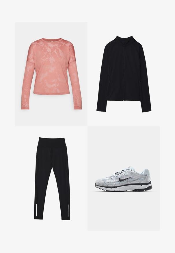 Schwarze Zip-Jacke mit hohem Kragen, aus weichem Stoff gefertigt. Verfügt über Raglanärmel und zwei seitliche Reißverschlusstaschen. Glatte Textur.; Langärmliges, rundhalsiges Oberteil in hellem Korallenfarben mit einem Batikmuster. Hergestellt aus weichem Material mit lockerer Passform und sichtbaren Nähten.; Schwarze Leggings aus dehnbarem Material, mit hohem Taillenbund, Seitennähten und reflektierenden Akzenten in der Nähe des Knöchels für Sichtbarkeit.; Nike P-6000 Sneakers mit einem Obermaterial aus leichtem grauem Mesh, schwarzen Akzenten und einer langlebigen schwarzen Gummisohle. Verfügt über ein komplexes Design und ein Schnürsystem.