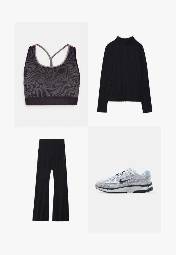 Juoda zip-up striukė su aukštu apykakle, pagaminta iš švelnios medžiagos. Su raglaninės rankovėmis ir dviem užtrauktukais uždaromais šoninių kišenėmis. Lygi tekstūra.; Juoda sportinė liemenėlė su pilku sukimosi raštu, pasižyminti apykakle ir lenkta atgal. Pagaminta iš tekstūrinio mezginio audinio.; Juodi išsiplėtę jogos tamprės iš elastingos medžiagos, su plačiu juosmeniu ir mažuoju logotipu šalia klubo. Lygus paviršius, be raštų.; Nike P-6000 sportbačiai su šviesiai pilku tinkleliu, juodais akcentais ir patvariu juodu guminėm padais. Yra sudėtingas dizainas ir raištelių sistema.