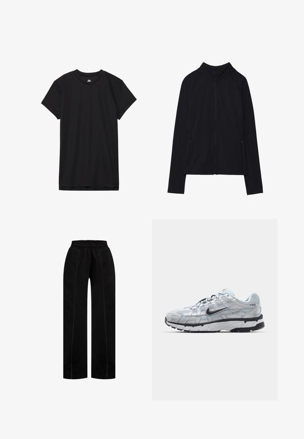 Schwarze Zip-Jacke mit hohem Kragen, aus weichem Stoff gefertigt. Verfügt über Raglanärmel und zwei seitliche Reißverschlusstaschen. Glatte Textur.; Schwarz Kurzarm-T-Shirt aus weichem Stoff, mit Rundhalsausschnitt und normaler Passform. Keine sichtbaren Muster oder Akzente.; Schwarze Jogginghose mit entspannter Passform, ausgestattet mit einem elastischen Bund, Seitennähten und kontrastierenden Nähten für zusätzliche Details.; Nike P-6000 Sneakers mit einem Obermaterial aus leichtem grauem Mesh, schwarzen Akzenten und einer langlebigen schwarzen Gummisohle. Verfügt über ein komplexes Design und ein Schnürsystem.