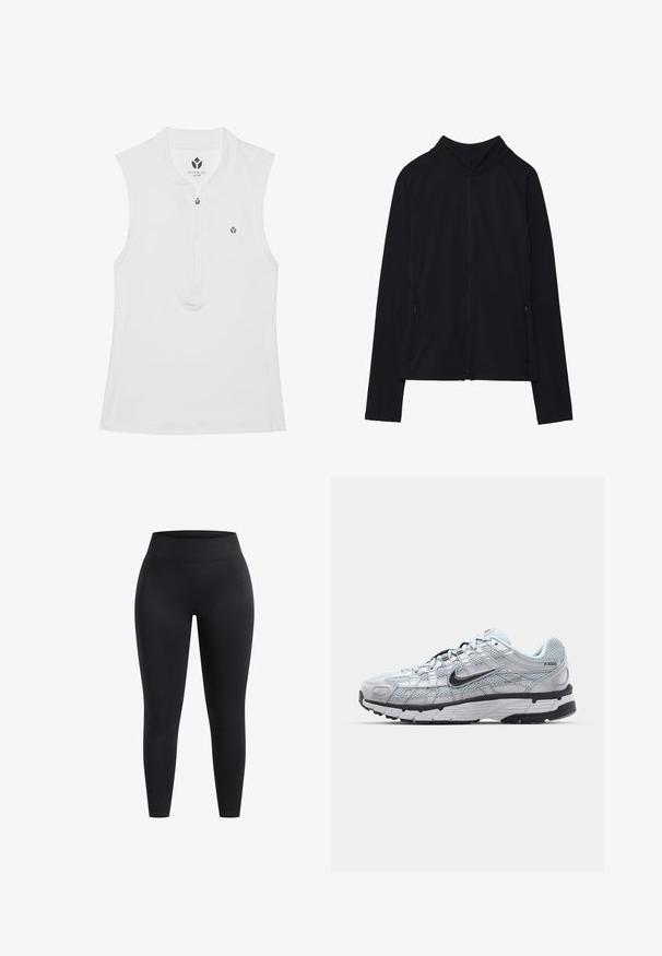 Musta vetoketjullinen takki korkealla kauluksella, valmistettu pehmeästä kankaasta. Varustettu raglan-hihoilla ja kahdella vetoketjullisella sivutaskulla. Sileä pinta.; Valkoinen ilmanhihojen urheilu paita, jossa on korkea kaulus, puolivetoketju ja pieni logo rintamalla. Liukas pinta ja istuva muotoilu.; Vysoce pasové černé legíny vyrobené z elastického materiálu, s hladkým povrchem a délkou ke kotníkům. Žádné vzory ani viditelné detaily hardwaru.; Nike P-6000 tennarit, joissa on vaaleanharmaa verkkomateriaali, mustia yksityiskohtia ja kestävä musta kumipohja. Ominaisuuksia ovat monimutkainen muotoilu ja nauhoitusjärjestelmä.