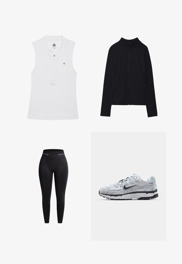 Schwarze Zip-Jacke mit hohem Kragen, aus weichem Stoff gefertigt. Verfügt über Raglanärmel und zwei seitliche Reißverschlusstaschen. Glatte Textur.; Weißes ärmelloses Sportoberteil mit hohem Kragen, halbem Reißverschluss und kleinem Logo auf der Brust. Glatte Textur und figurschmeichelndes Design.; Schwarze Leggings aus dehnbarem Material mit einem hohen elastischen Bund, der den Schriftzug "SMIL" in Weiß trägt. Glatte Textur und enganliegendes Design.; Nike P-6000 Sneakers mit einem Obermaterial aus leichtem grauem Mesh, schwarzen Akzenten und einer langlebigen schwarzen Gummisohle. Verfügt über ein komplexes Design und ein Schnürsystem.