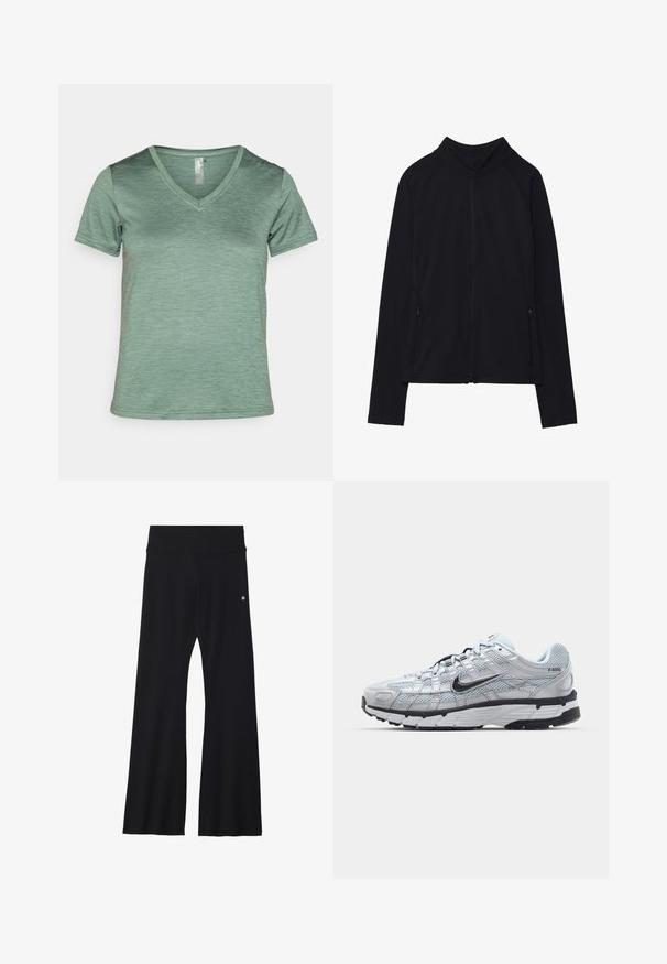Svart zip-up jakke med høy krage, laget av mykt materiale. Har raglanerm sleeves og to glidelåslommer på siden. Jevn tekstur.; Lett grønn V-hals t-skjorte med kort erme, laget av et teksturert og lett stoff med et subtilt heather-mønster og sydd sømmer.; Sorte, flagrende yogabukser i elastisk materiale, med bred linning og en liten logo nær hoften. Glatt tekstur, uten mønstre.; Nike P-6000 sneakers med en lys grå mesh-overdel, sorte detaljer og en slitesterk svart gummisåle. Har et intrikat design og snøresystem.