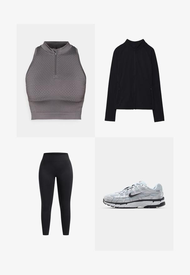 Giacca nera con zip e colletto alto, realizzata in tessuto morbido. Presenta maniche raglan e due tasche laterali con zip. Texture liscia.; Top corto sportivo grigio con collo a zip, motivo texture, design aderente e finitura liscia all'orlo e alle aperture per le braccia.; Leggings neri a vita alta realizzati in tessuto elasticizzato, con una superficie liscia e vestibilità alla caviglia. Senza motivi o dettagli hardware visibili.; Sneakers Nike P-6000 con una toma superiore in mesh grigio chiaro, accenti neri e una resistente suola in gomma nera. Dotati di un design intricato e di un sistema di allacciatura.