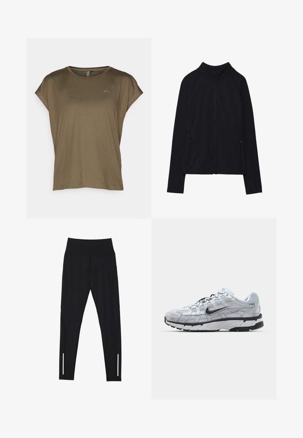 Melnā jaku ar rāvējslēdzēju, augsts apkakle, izgatavota no mīkstas auduma. Iekļautas raglan piedurknes un divas sānu kabatas ar rāvējslēdzējiem. Plūdena tekstūra.; ONLY Play ONPAUBREE LIFE ON BAT LOOSE - Sporta krekli - kalamata; Melni legingi, kas izgatavoti no elastīgas auduma, ar augstu jostasvietu, sānu šuvēm un atstarojošiem akcentiem tuvāk potītei redzamībai.; Nike P-6000 sporta apavi ar gaiši pelēku tīkla augšdaļu, melniem akcentiem un izturīgu melnu gumijas zoli. Iekļauj sarežģītu dizainu un saites sistēmu.