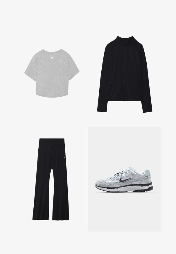 Sort zip-up jakke med høj krave, lavet af blødt stof. Den har raglanærmer og to lynlåslommer på siden. Glat tekstur.; Grå cropped T-shirt med korte raglanærmer, blød tekstur og et lille logo trykt nær halsudskæringen. Rundet kant i bunden.; Sorte flared yoga bukser i strækbart stof, med en bred talje og et lille logo nær hoften. Glat tekstur, uden mønstre.; Nike P-6000 sneakers med en lys grå mesh overdel, sorte accenter og en holdbar sort gummisål. Har et detaljeret design og snøresystem.