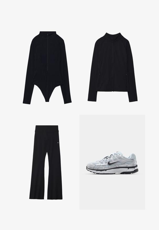 Svart zip-up jakke med høy krage, laget av mykt materiale. Har raglanerm sleeves og to glidelåslommer på siden. Jevn tekstur.; Even&Odd active HIGH NECK ZIP UP FINE RIB SEAMLESS SPORTS BODYSUIT - Topper langermet - black; Sorte, flagrende yogabukser i elastisk materiale, med bred linning og en liten logo nær hoften. Glatt tekstur, uten mønstre.; Nike P-6000 sneakers med en lys grå mesh-overdel, sorte detaljer og en slitesterk svart gummisåle. Har et intrikat design og snøresystem.