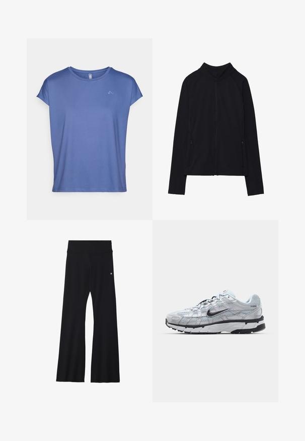 Zwarte zip-up jas met een hoge kraag, gemaakt van zacht materiaal. Voorzien van raglanmouwen en twee ritssluitingen aan de zijkant. Glad textuur.; Korte mouwen, rondhals t-shirt in lichtblauw, gemaakt van gladde stof. Beschikt over een subtiel logo op de borst en heeft een ontspannen, losse pasvorm.; Zwarte flared yoga broek van rekbaar materiaal, met een brede tailleband en een klein logo nabij de heup. Glad textuur, geen patronen.; Nike P-6000 sneakers met een lichtgrijze mesh bovenkant, zwarte accenten en een duurzame zwarte rubberen zool. Kenmerkt zich door een ingewikkeld ontwerp en vetersysteem.
