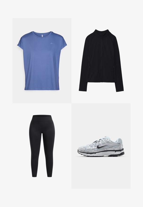 Chaqueta negra con cremallera y cuello alto, hecha de un tejido suave. Presenta mangas raglán y dos bolsillos laterales con cremallera. Textura suave.; Camiseta de manga corta y cuello redondo en azul claro, hecha de tejido suave. Presenta un sutil logo en el pecho y un corte relajado y holgado.; Leggings negros de talle alto, fabricados con un tejido elástico, que presentan una superficie lisa y un ajuste hasta el tobillo. Sin patrones ni detalles de hardware visibles.; Zapatillas Nike P-6000 con parte superior de malla gris claro, acentos negros y suela de goma negra duradera. Presentan un diseño intrincado y un sistema de cordones.