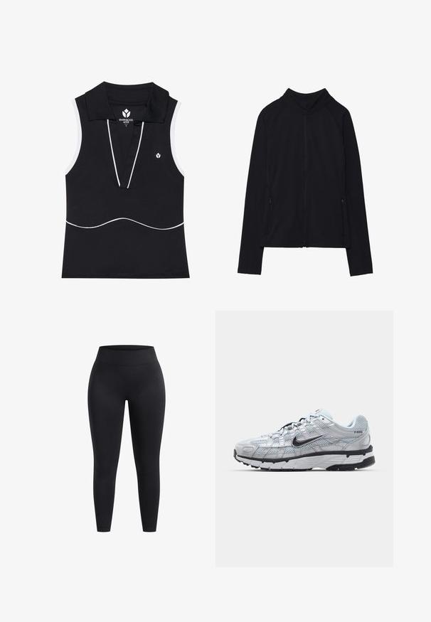 Zwarte zip-up jas met een hoge kraag, gemaakt van zacht materiaal. Voorzien van raglanmouwen en twee ritssluitingen aan de zijkant. Glad textuur.; Zwarte mouwloze polo top met een v-hals, witte biesaccenten, rekbare stof en een klein logo op de linkerborst.; Hoge zwarte legging gemaakt van rekbaar materiaal, met een gladde oppervlakte en een enkellange pasvorm. Geen patronen of zichtbare hardware details.; Nike P-6000 sneakers met een lichtgrijze mesh bovenkant, zwarte accenten en een duurzame zwarte rubberen zool. Kenmerkt zich door een ingewikkeld ontwerp en vetersysteem.