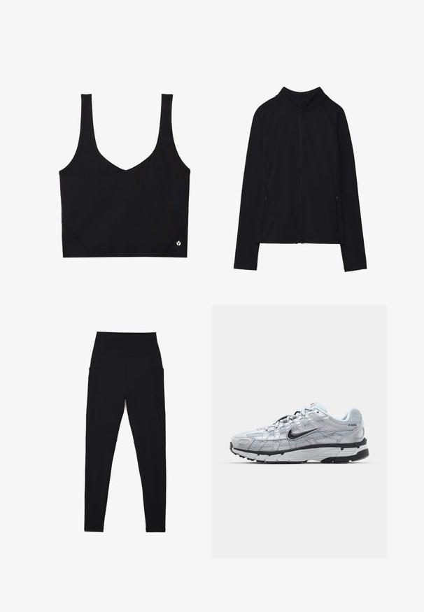 Juoda zip-up striukė su aukštu apykakle, pagaminta iš švelnios medžiagos. Su raglaninės rankovėmis ir dviem užtrauktukais uždaromais šoninių kišenėmis. Lygi tekstūra.; Juoda sportinė liemenėlė su plačiomis petnešomis, V formos iškirpte, tekstūruotu audiniu ir logotipo detale apatiniame krašte. Lygus paviršius, minimalistinis stilius.; Juodos leggingai, pagaminti iš elastingos medžiagos, su aukštu, raukšlėtu juosmeniu. Su šoninėmis kišenėmis ir be siūlių dizainu patogumui.; Nike P-6000 sportbačiai su šviesiai pilku tinkleliu, juodais akcentais ir patvariu juodu guminėm padais. Yra sudėtingas dizainas ir raištelių sistema.