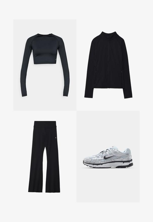 Juoda zip-up striukė su aukštu apykakle, pagaminta iš švelnios medžiagos. Su raglaninės rankovėmis ir dviem užtrauktukais uždaromais šoninių kišenėmis. Lygi tekstūra.; Juodos spalvos ilgomis rankovėmis trumpa palaidinė iš lygaus, tamprios medžiagos. Turi apvalų iškirptę ir prigludusį siluetą, subtiliai dekoruotą apačioje.; Juodi išsiplėtę jogos tamprės iš elastingos medžiagos, su plačiu juosmeniu ir mažuoju logotipu šalia klubo. Lygus paviršius, be raštų.; Nike P-6000 sportbačiai su šviesiai pilku tinkleliu, juodais akcentais ir patvariu juodu guminėm padais. Yra sudėtingas dizainas ir raištelių sistema.