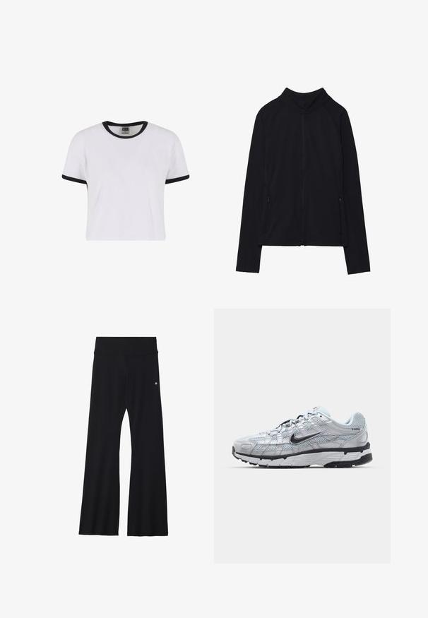 Čierna zipsová bunda s vysokým golierom, vyrobená z jemného materiálu. Má raglánové rukávy a dve bočné vrecká na zips. Hladká textúra.; Biela tričko s krátkym rukávom a čiernym rebrovaným golierom a manžetami. Vyrobené z hladkej bavlnenej látky, má klasický strih.; Čierne rozšírené jogové nohavice z elastického materiálu, s širokým pásom a malým logom blízko bokov. Hladká textura, žiadne vzory.; Tenisky Nike P-6000 s vrchným materiálom z jemnej šedej sieťoviny, čiernymi akcentmi a odolnou čiernou gumovou podrážkou. Obsahujú jemný dizajn a systém šnurovania.
