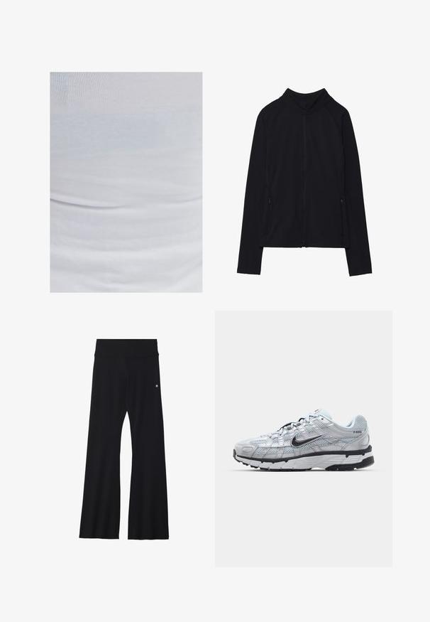 Zwarte zip-up jas met een hoge kraag, gemaakt van zacht materiaal. Voorzien van raglanmouwen en twee ritssluitingen aan de zijkant. Glad textuur.; OXXO MIT ECKIGEM AUSSCHNITT - Top - white; Zwarte flared yoga broek van rekbaar materiaal, met een brede tailleband en een klein logo nabij de heup. Glad textuur, geen patronen.; Nike P-6000 sneakers met een lichtgrijze mesh bovenkant, zwarte accenten en een duurzame zwarte rubberen zool. Kenmerkt zich door een ingewikkeld ontwerp en vetersysteem.