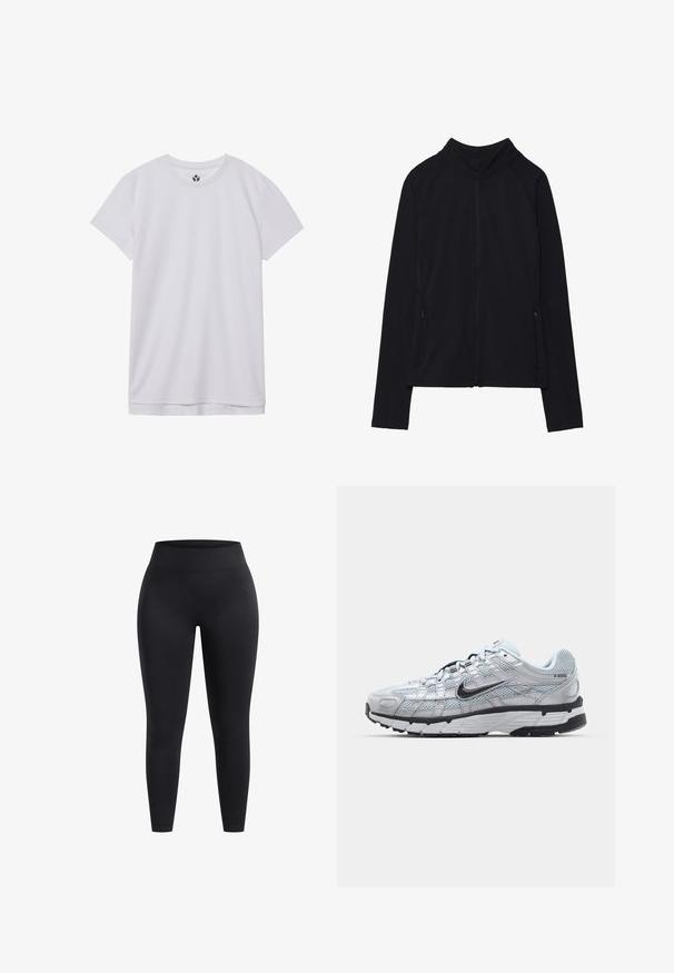 Czarna kurtka zapinana na zamek z wysokim kołnierzem, wykonana z miękkiego materiału. Posiada rękawy raglanowe oraz dwie kieszenie boczne zapinane na zamek. Gładka tekstura.; Biała koszulka z krótkim rękawem i okrągłym dekoltem. Wykonana z miękkiej tkaniny, posiada prosty dół, minimalne szwy oraz małe logo na dekolcie.; Czarne legginsy z wysokim stanem wykonane z elastycznego materiału, charakteryzujące się gładką powierzchnią i długością do kostek. Brak wzorów i widocznych detali metalowych.; Nike P-6000 sneakers z jasnoszarym siateczkowym wierzchem, czarnymi akcentami i trwałą czarną gumową podeszwą. Charakteryzują się skomplikowanym wzornictwem i systemem sznurowania.