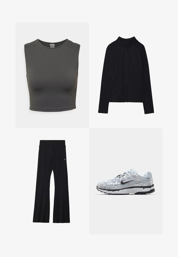 Črna zip-up jakna z visokim ovratnikom, narejena iz mehkega materiala. Ima raglan rokave in dve žepni zadrgi na straneh. Gladka tekstura.; Temno siva brezrokavna kratka majica, izdelana iz gladkega, elastičnega materiala; ima okroglo ovratnico in prilagojen silhuet.; Črne razširjene joga hlače iz elastičnega materiala, z širokim pasom in majhnim logotipom blizu bokov. Gladka tekstura, brez vzorcev.; Nike P-6000 športni copati z lahkim sivim mrežastim zgornjim delom, črnimi dodatki in trdim črnim gumijastim podplatom. Imajo zapleten dizajn in sistem vezalk.