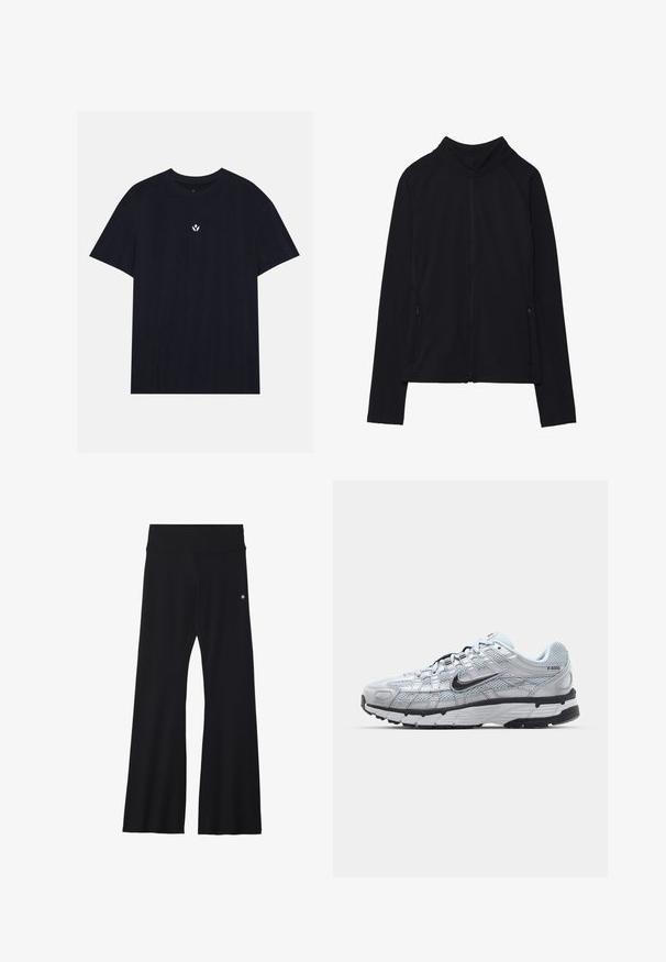 Casaco preto com fecho, com gola alta, feito de um tecido suave. Possui mangas raglan e dois bolsos laterais com fecho zip. Textura lisa.; T-shirt de algodão preto com gola redonda, mangas curtas e um pequeno emblema floral branco centrado no peito. Textura suave.; Calças de yoga pretas em tecido elástico, apresentando uma cintura larga e um pequeno logótipo perto do quadril. Textura suave, sem padrões.; Ténis Nike P-6000 com um cabedal em malha cinza claro, detalhes em preto e uma sola de borracha preta durável. Apresenta um design intrincado e um sistema de atacadores.