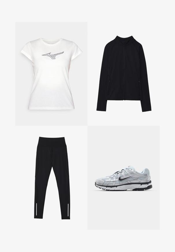 Juoda zip-up striukė su aukštu apykakle, pagaminta iš švelnios medžiagos. Su raglaninės rankovėmis ir dviem užtrauktukais uždaromais šoninių kišenėmis. Lygi tekstūra.; Balta medvilninė marškinėliai trumpomis rankovėmis, su juoda linijomis pavaizduota logotipo dizainu ant krūtinės. Klasikinis apvalus iškirpimas, švelni tekstūra.; Juodos pėdkelnės, pagamintos iš tamprios medžiagos, su aukštu juosmeniu, šoninėmis siūlėmis ir atspindinčiais akcentais šalia kulkšnies, kad būtų geriau matomas.; Nike P-6000 sportbačiai su šviesiai pilku tinkleliu, juodais akcentais ir patvariu juodu guminėm padais. Yra sudėtingas dizainas ir raištelių sistema.