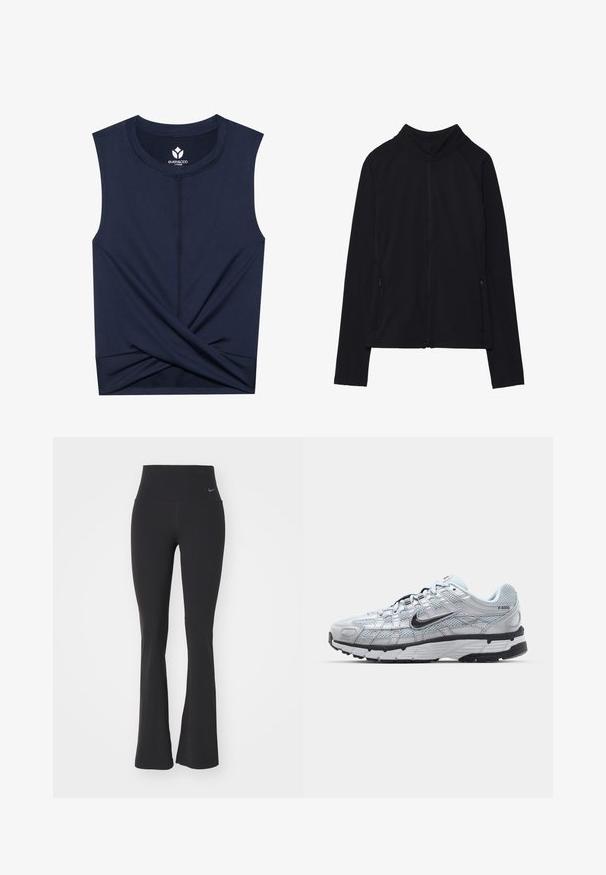 Melnā jaku ar rāvējslēdzēju, augsts apkakle, izgatavota no mīkstas auduma. Iekļautas raglan piedurknes un divas sānu kabatas ar rāvējslēdzējiem. Plūdena tekstūra.; Jūras spēku bez piedurknēm tops, izgatavots no gludas auduma, ar pagrieziena detaļu apakšmalā un kontrastējošām šuvēm gar šuvēm.; Melni jogas bikses ar augsto jostasvietu, izgatavotas no elastīga auduma. Tām ir izplūduša forma un mazs Nike logotips uz jostas.; Nike P-6000 sporta apavi ar gaiši pelēku tīkla augšdaļu, melniem akcentiem un izturīgu melnu gumijas zoli. Iekļauj sarežģītu dizainu un saites sistēmu.