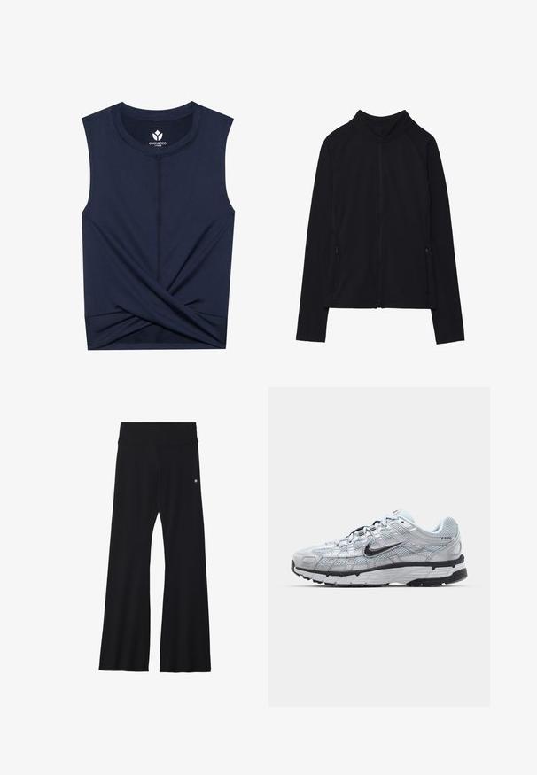 Svart zip-up jakke med høy krage, laget av mykt materiale. Har raglanerm sleeves og to glidelåslommer på siden. Jevn tekstur.; Marineblå, ermeløs topp laget av glatt stoff, med en vridd detalj ved hemmen og kontrasterende sømmer langs sømmene.; Sorte, flagrende yogabukser i elastisk materiale, med bred linning og en liten logo nær hoften. Glatt tekstur, uten mønstre.; Nike P-6000 sneakers med en lys grå mesh-overdel, sorte detaljer og en slitesterk svart gummisåle. Har et intrikat design og snøresystem.