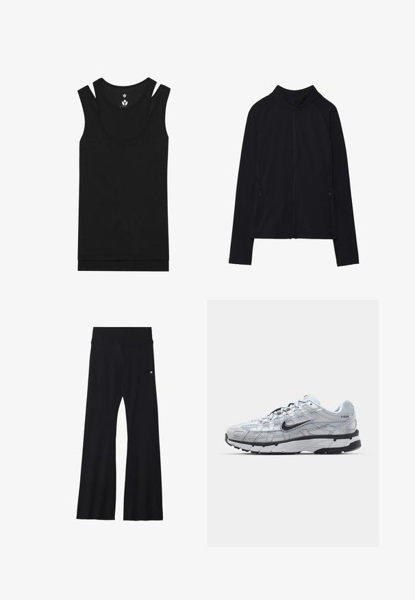 Musta vetoketjullinen takki korkealla kauluksella, valmistettu pehmeästä kankaasta. Varustettu raglan-hihoilla ja kahdella vetoketjullisella sivutaskulla. Sileä pinta.; Mustat hihattomat paidat, joissa on pyöreä kaula-aukko ja tuplaolkainten muotoilu. Valmistettu ribbikankaasta, jossa on sileä pinta, ja siinä on suora helma.; Musta leveälahkeinen joogahousut joustavasta kankaasta, jossa on leveä vyötärö ja pieni logo lanteen lähellä. Sujuva pinta, ei kuvioita.; Nike P-6000 tennarit, joissa on vaaleanharmaa verkkomateriaali, mustia yksityiskohtia ja kestävä musta kumipohja. Ominaisuuksia ovat monimutkainen muotoilu ja nauhoitusjärjestelmä.