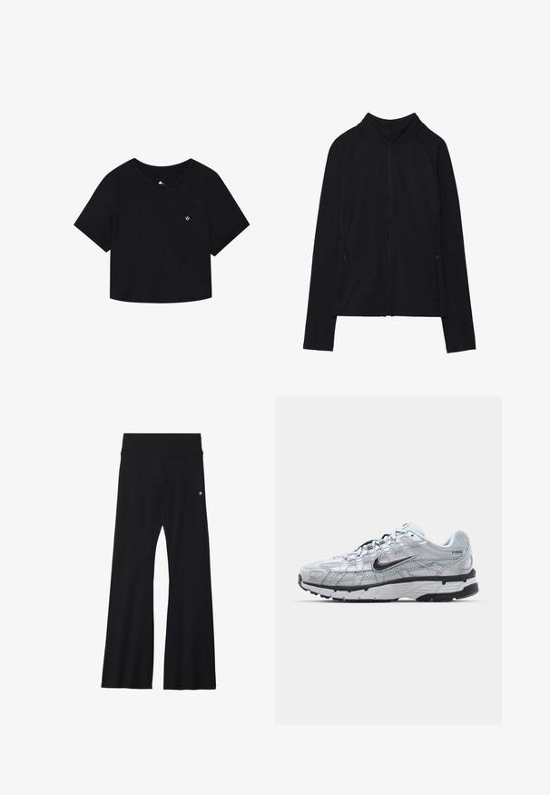 Melnā jaku ar rāvējslēdzēju, augsts apkakle, izgatavota no mīkstas auduma. Iekļautas raglan piedurknes un divas sānu kabatas ar rāvējslēdzējiem. Plūdena tekstūra.; Melnā īsa krekla ar īsām piedurknēm, ribota tekstūra, apaļa kakla izgriezums un neliels balts logos uz krūtīm.; Melnas plāna griezuma jogas bikses no elastīga auduma, ar platām jostām un mazu logotipu pie gurna. Gluda tekstūra, bez rakstiem.; Nike P-6000 sporta apavi ar gaiši pelēku tīkla augšdaļu, melniem akcentiem un izturīgu melnu gumijas zoli. Iekļauj sarežģītu dizainu un saites sistēmu.