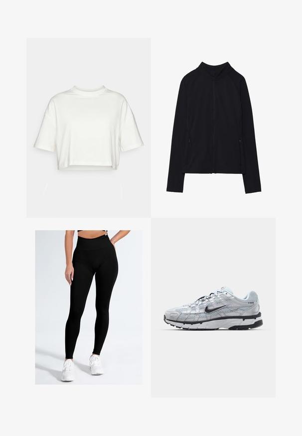 Sort zip-up jakke med høj krave, lavet af blødt stof. Den har raglanærmer og to lynlåslommer på siden. Glat tekstur.; Afskåret, kortærmet t-shirt i solid hvid bomuld. Har rund halsudskæring og løstsiddende pasform med rullet kant. Blød tekstur, ingen mønstre.; Sorte leggings med høj talje, fremstillet af glat, strækbart stof. Designet har en tætsiddende silhuet uden synlige mønstre eller accenter.; Nike P-6000 sneakers med en lys grå mesh overdel, sorte accenter og en holdbar sort gummisål. Har et detaljeret design og snøresystem.