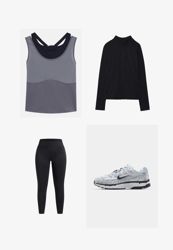 Musta vetoketjullinen takki korkealla kauluksella, valmistettu pehmeästä kankaasta. Varustettu raglan-hihoilla ja kahdella vetoketjullisella sivutaskulla. Sileä pinta.; Harmaa urheilullinen tank top, jossa on pyöreä pääntie, urheilurintamuksen muotoilu ja kontrastiväriset tummansiniset yksityiskohdat. Materiaali on tekstuurillista ja saumattomasti rakennettua.; Vysoce pasové černé legíny vyrobené z elastického materiálu, s hladkým povrchem a délkou ke kotníkům. Žádné vzory ani viditelné detaily hardwaru.; Nike P-6000 tennarit, joissa on vaaleanharmaa verkkomateriaali, mustia yksityiskohtia ja kestävä musta kumipohja. Ominaisuuksia ovat monimutkainen muotoilu ja nauhoitusjärjestelmä.