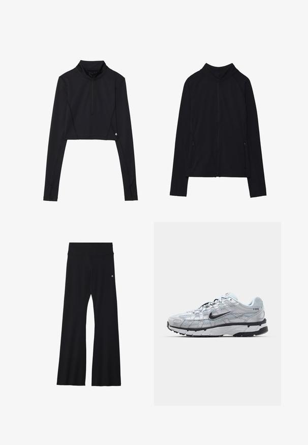 Mustmust kollane jope, millel on kõrge kaelus, valmistatud pehmest kangast. Omab raglanvarukke ja kahte lukuga küljetaskut. Sile tekstuur.; Must tume pikkade varrukatega ülikond, millel on kõrge krae, neljandiku tõmblukk ja õmblustega detailid varrukatel ja servadel.; Mustad mustad jooga püksid venivast kangast, lai vöökoht ja väike logo puusade lähedal. Sile tekstuur, mustrid puuduvad.; Nike P-6000 tenniset heleda halli võrgust pealteega, mustade aktsentidega ja vastupidava musta kummist tallaga. Omab keerukat disaini ja paeltesüsteemi.