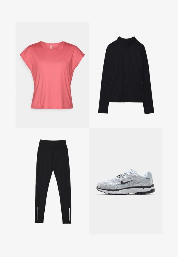Fekete, cipzáros dzseki magas gallérral, puha anyagból készült. Raglán ujjakkal és két cipzáras oldalzsebbel rendelkezik. Simább textúra.; Rövid ujjú korall színű póló sima anyagból, kerek nyakkivágással és laza szabással. A bal felső részen minimális márkajelzéssel rendelkezik.; Fekete leggings rugalmas anyagból, magas derékkal, oldalsó varrásokkal és fényvisszaverő részletekkel a bokánál a láthatóság érdekében.; Nike P-6000 sportcipő, világosszürke hálós felsőrésszel, fekete részletekkel és tartós fekete gumitalppal. Bonyolult dizájnnal és fűzőrendszerrel rendelkezik.