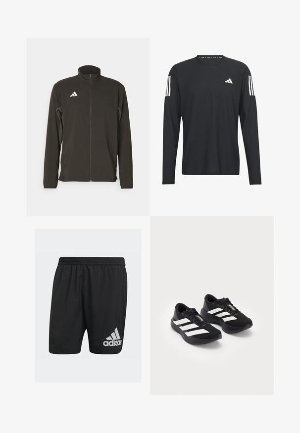 Sort zip-up jakke lavet af letvægtsstof. Har en høj krave og tre hvide diagonale striber over venstre bryst.; Sort langærmet trøje lavet af letvægtsstof med rund hals, tekstureret overflade og hvidt tre-stripes logo på ærmerne.; Sorte sportsbukser lavet af letvægtsstof, med en elastisk talje og et reflekterende hvidt Adidas-logo nederst til venstre.; Et par sorte Adidas Adizero løbesko med hvide striber og snørebånd på hvid baggrund, placeret side om side.