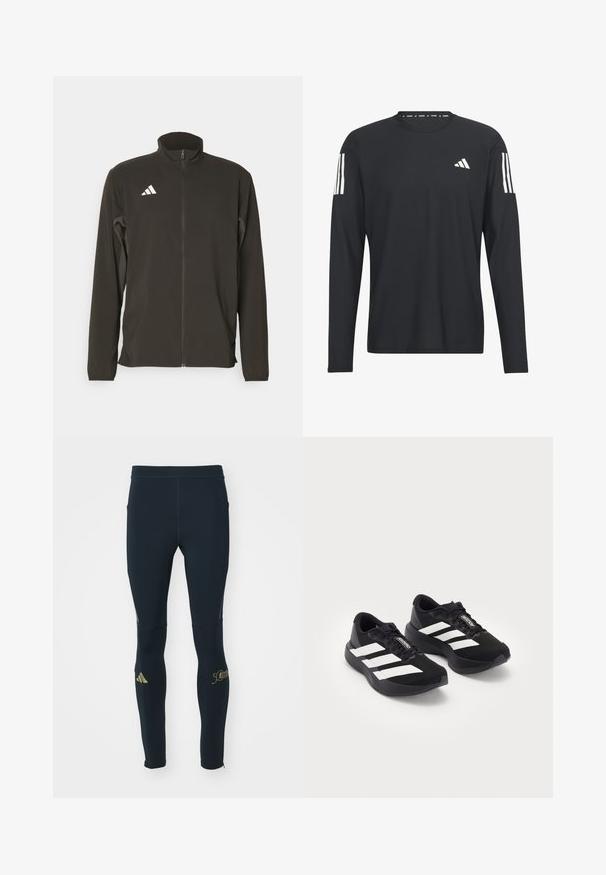 Veste zippée noire en tissu léger. Elle présente un col montant et trois rayures blanches en diagonale sur la poitrine gauche.; Chemise noire à manches longues en tissu léger, dotée d'un col rond, d'une surface texturée, et d'un logo à trois bandes blanches sur les manches.; adidas Performance BER24 LONG - Leggings - aurora ink; Une paire de chaussures de course Adidas Adizero noires avec des rayures et des lacets blancs sur un fond blanc, placées côte à côte.