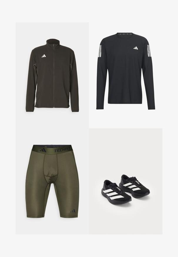 Chaqueta negra con cierre, hecha de un tejido ligero. Presenta un cuello alto y tres franjas diagonales blancas en el lado izquierdo del pecho.; Camisa negra de manga larga hecha de un tejido ligero, con cuello redondo, superficie texturizada y logo de tres rayas blancas en las mangas.; Pantalones cortos de compresión verde oliva con una cintura TECHFIT negra, que cuentan con una textura suave, forma ajustada y un discreto detalle de costuras.; Un par de zapatillas de running Adidas Adizero negras con rayas y cordones blancos, sobre un fondo blanco, posicionadas una al lado de la otra.