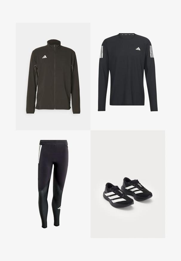 Černá zipová bunda vyrobená z lehké látky. Má vysoký límec a tři bílé diagonální pruhy na levé části hrudi.; Černé dlouhé rukávy tričko vyrobené z lehkého materiálu, které má kulatý výstřih, texturovaný povrch a bílé tři pruhy logo na rukávech.; Černé atletické legíny s texturovanou spodní částí, která má malé bílé tečky. Obsahují boční kapsu a kontrastní design panelů.; Pár černých běžeckých bot Adidas Adizero s bílými pruhy a tkaničkami na bílém pozadí, umístěný vedle sebe.