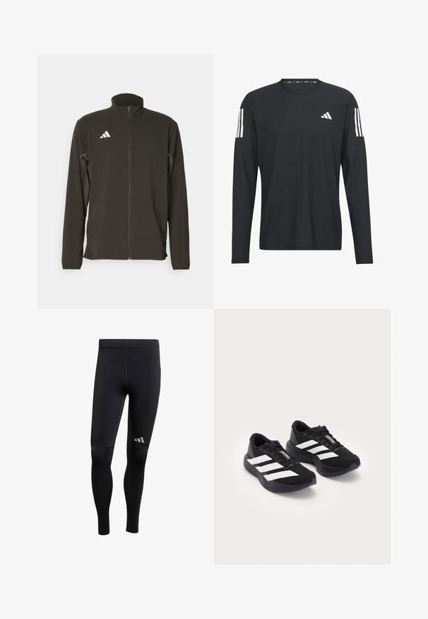 Casaco preto com fecho zip em tecido leve. Apresenta um colarinho alto e três riscas diagonais brancas no lado esquerdo do peito.; Camisola preta de manga longa feita de tecido leve, com gola redonda, superfície texturizada e logo de três riscas brancas nas mangas.; Leggings atléticos pretos com uma textura suave, apresentando detalhes refletivos e um design ajustado. Feitos de material elástico que absorve a humidade.; Um par de sapatilhas de correr Adidas Adizero pretas com riscas e atacadores brancos, sobre fundo branco, posicionadas lado a lado.