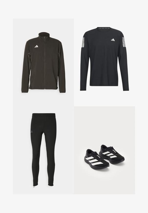 Schwarze Zip-Jacke aus leichtem Stoff. Mit hohem Kragen und drei weißen diagonalen Streifen auf der linken Brust.; Schwarzes Langarmshirt aus leichtem Material mit Rundhals, strukturiertem Oberflächen und weißem Logo mit drei Streifen auf den Ärmeln.; Schwarze Sportleggins mit tailliertem Design, aus dehnbarem Material gefertigt. Mit einem dezenten Logo und Reißverschlüssen an den Knöcheln für einfaches An- und Ausziehen.; Ein Paar schwarze Adidas Adizero Laufschuhe mit weißen Streifen und Schnürsenkeln auf weißem Hintergrund, nebeneinander positioniert.