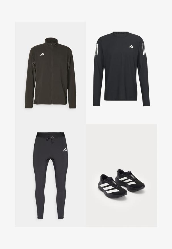 Veste zippée noire en tissu léger. Elle présente un col montant et trois rayures blanches en diagonale sur la poitrine gauche.; Chemise noire à manches longues en tissu léger, dotée d'un col rond, d'une surface texturée, et d'un logo à trois bandes blanches sur les manches.; Leggings de sport noirs en tissu extensible, avec une taille à cordon de serrage et un logo blanc sur la cuisse gauche.; Une paire de chaussures de course Adidas Adizero noires avec des rayures et des lacets blancs sur un fond blanc, placées côte à côte.